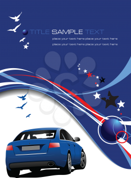 Royalty Free Clipart Image of a Blue Car on a Background With Birds and Stars