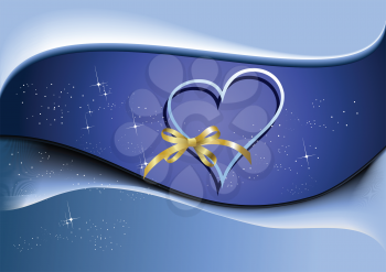 Royalty Free Clipart Image of a Blue Background With a Heart and Gold Bow