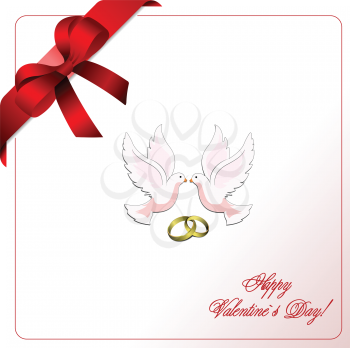 Royalty Free Clipart Image of a Valentine Greeting With Lovebirds and Rings in the Centre and a Ribbon on the Corner