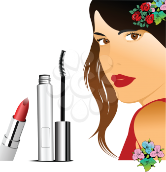 Royalty Free Clipart Image of a Woman Beside Mascara and Lipstick