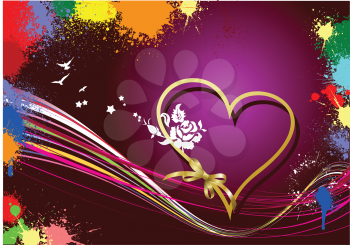 Royalty Free Clipart Image of a Spattered Background With a Ribbon Heart and Birds in the Centre