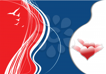 Royalty Free Clipart Image of a Blue, Red and White Background With Winged Hearts and Birds
