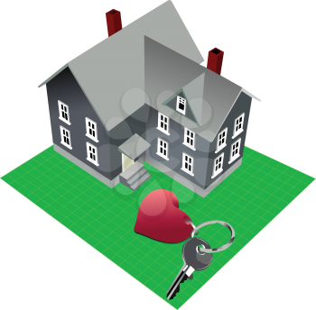 Royalty Free Clipart Image of a House and Key With a Heart Fob