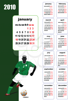Royalty Free Clipart Image of a January 2010 Calendar Page With a Soccer Player