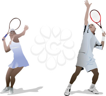 Royalty Free Clipart Image of a Man and Woman Playing Tennis