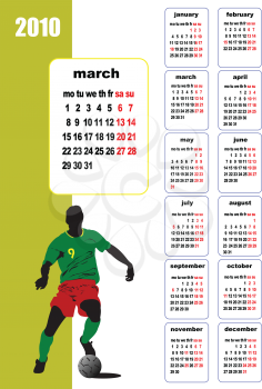 Royalty Free Clipart Image of a March Calendar for 2010 With a Soccer Player