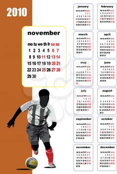 Royalty Free Clipart Image of a November Calender Page for 2010 With a Soccer Player