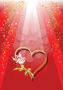 Royalty Free Clipart Image of a Gold Heart With a Rose on a Red Background