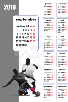 Royalty Free Clipart Image of a 2010 September Calendar With Soccer Players