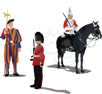 Royalty Free Clipart Image of Three Different Guards