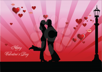 Royalty Free Clipart Image of a Couple Kissing By a Streetlight