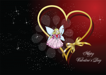 Royalty Free Clipart Image of a Happy Valentine's Greeting With a Gold Heart and Angel