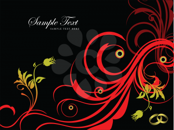 Royalty Free Clipart Image of a Black Background With Red Flourishes and Gold Leaves