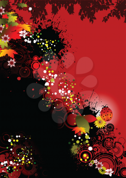 Royalty Free Clipart Image of a Red Autumn Background With Leaves and a Ladybug