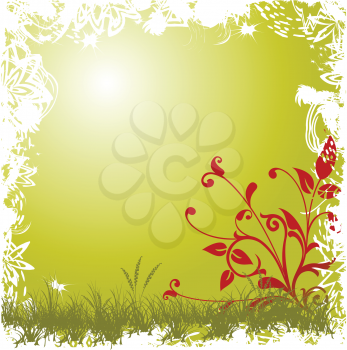 Royalty Free Clipart Image of Red Flourishes on Green With a White Edge