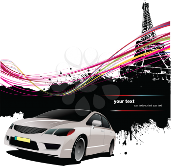 Royalty Free Clipart Image of a Car By the Eiffel Tower