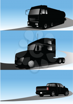 Royalty Free Clipart Image of Three Trucks on Blue