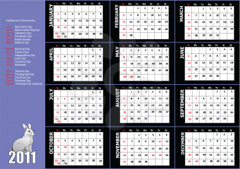 Royalty Free Clipart Image of a Calendar for 2011 With a Rabbit in the Bottom Corner