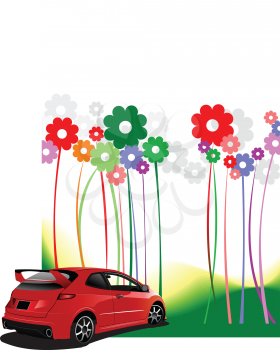 Royalty Free Clipart Image of a Red Car With Tall Retro Flowers
