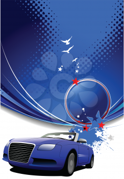 Royalty Free Clipart Image of a Blue Car on a Blue and White Background