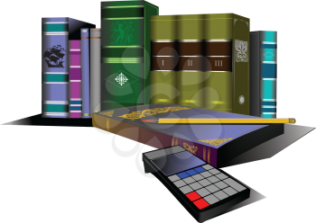 Royalty Free Clipart Image of Books, a Calculator and a Pencil