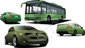 Royalty Free Clipart Image of Three Green Cars and a Bus
