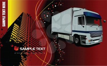 Royalty Free Clipart Image of a Building and Truck on a Background With Space for Text
