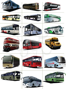 Royalty Free Clipart Image of a Collection of City and Tour Buses