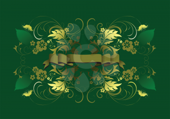 Royalty Free Clipart Image of a Green Background With Gold Flowers