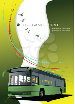 Royalty Free Clipart Image of a Green and White Background With a Bus and Birds