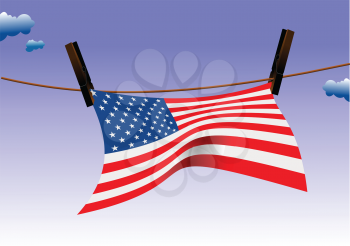Royalty Free Clipart Image of an American Flag on a Clothesline