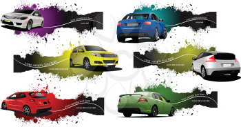 Royalty Free Clipart Image of Six Cars on Grunge Banners
