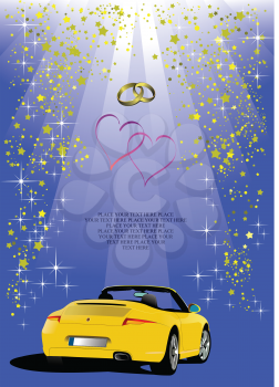 Royalty Free Clipart Image of a Yellow Car Under Hearts and Wedding Bands