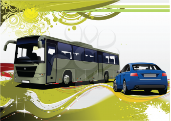 Royalty Free Clipart Image of a Bus and Car on a Green Background