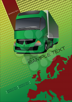 Royalty Free Clipart Image of a Truck and a Map of Europe on a Green and Yellow Background