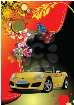 Royalty Free Clipart Image of a Floral Background With a Yellow Car