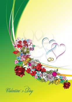 Royalty Free Clipart Image of a Valentine's Day Card With Flowers, Hearts and Rings