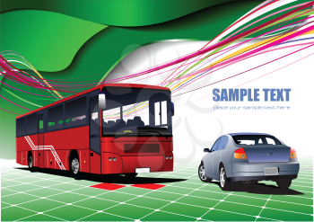 Royalty Free Clipart Image of a Green Background With a Car and Bus