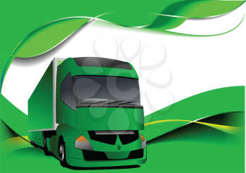 Royalty Free Clipart Image of a Green Wave Background With a Green Truck