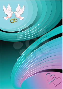 Royalty Free Clipart Image of an Aqua and Pink Background With Doves, Hearts and Wedding Bands