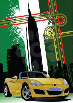 Royalty Free Clipart Image of a New York Background and a Luxury Yellow Car