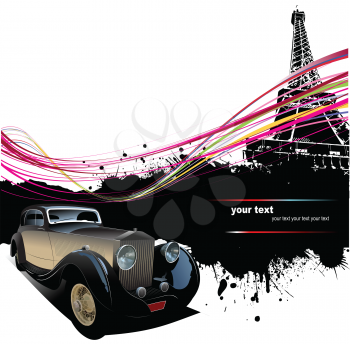 Royalty Free Clipart Image of an Antique Auto at the Eiffel Tower