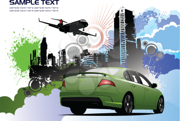 Royalty Free Clipart Image of a Green Car With Buildings in the Background and Plane Overhead
