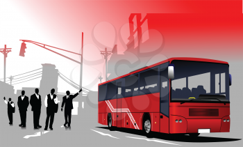 Royalty Free Clipart Image of Silhouettes of People Next to a City Bus
