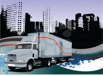 Royalty Free Clipart Image of a Truck Against an Urban Background