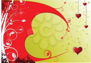 Royalty Free Clipart Image of a Red and Gold Background With Hearts and a Plant