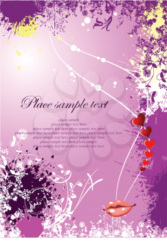 Royalty Free Clipart Image of a Purple Background With Hearts and Lips