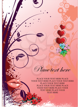 Royalty Free Clipart Image of a Romantic Card With Flowers, Hearts and a Mouth