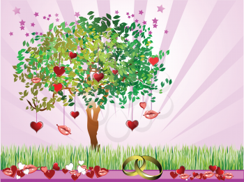 Royalty Free Clipart Image of a Hearts and Lips on a Tree