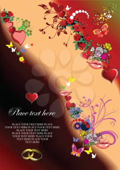 Royalty Free Clipart Image of a Romantic Background With Flowers, Hearts and Lips, and Wedding Rings in the Corner